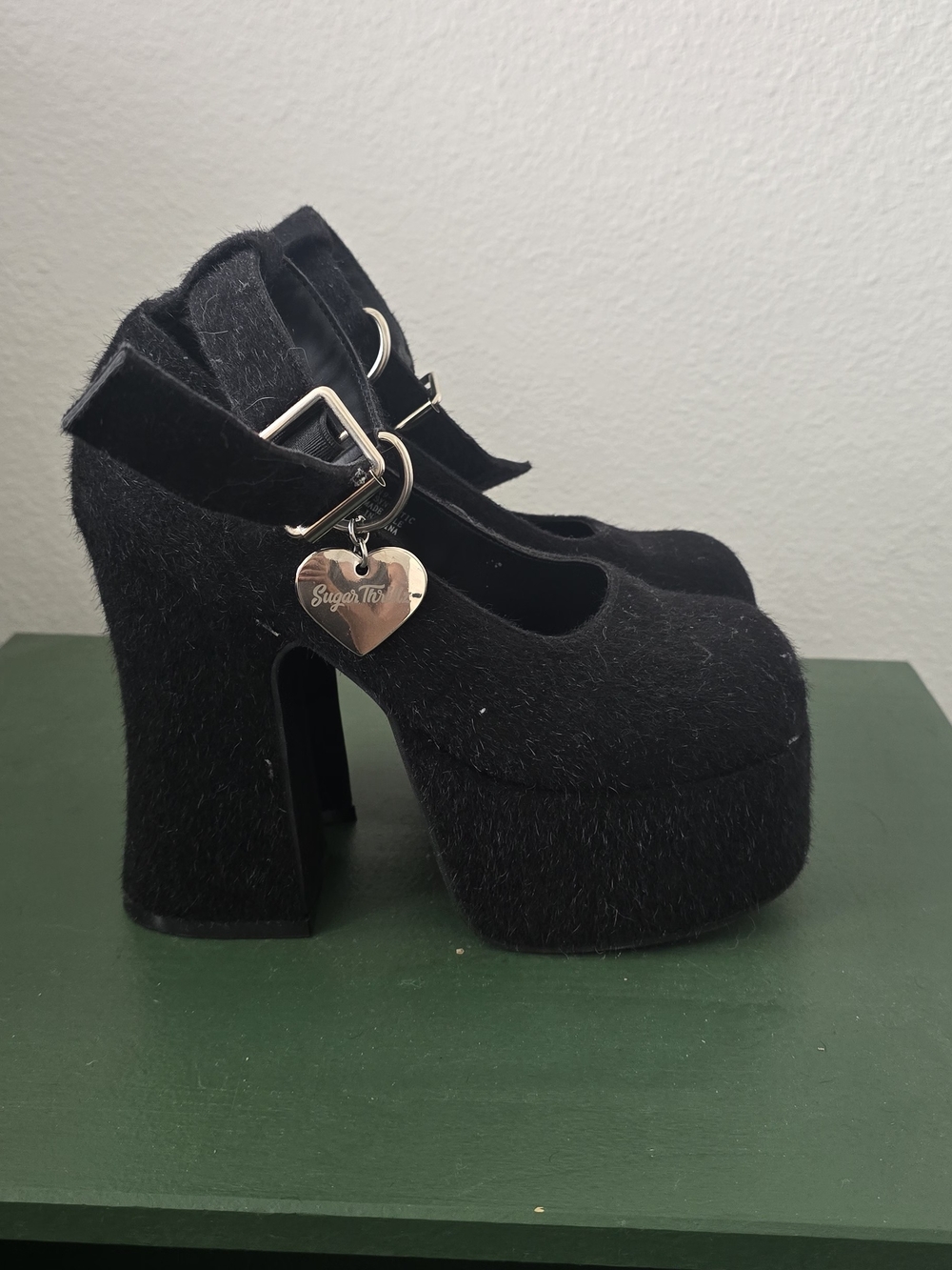 Sugar Thrillz Black Faux-Fur Platform Mary Janes with Heart Charm